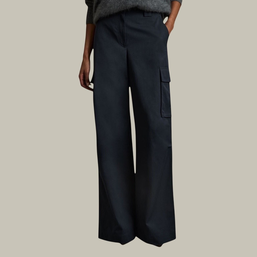 REISS Navy Blue Ava Wide-Leg Cargo Combat Trousers Pants | Size US 12 / UK 16